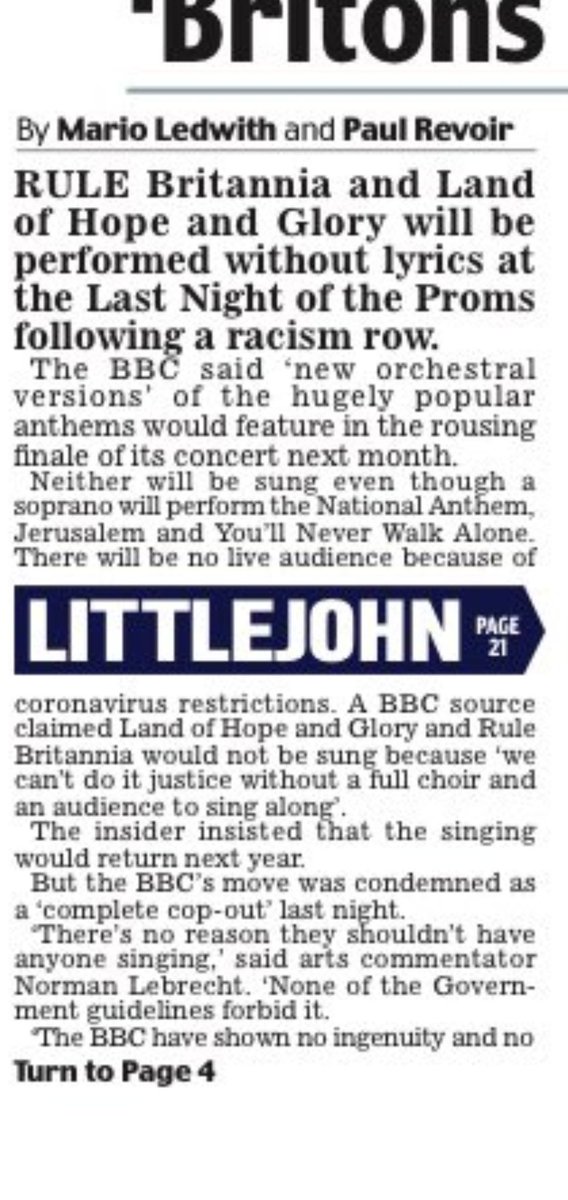 Mail is splashing "SURRENDER!"Facts are - BBC to keep Rule Britannia in proms (despite erroneous reports it would be dropped)- currently proposes orchestral version (will be no audience in 2020; smaller orchestra & choir)- but words to return in 2021 when audience does