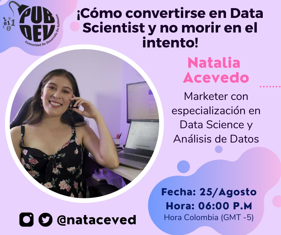 pubdev01's tweet image. PubDev desde casa! 25 de agosto, 06:00 P.M

Como convertirse en Data scientist y no morir en el intento

Natalia es Marketer con especialización en data Science y análisis de datos @nataceved 
#science #analisisdedatos #webinar #gratis #free #datos #pubdev #software #conocimiento