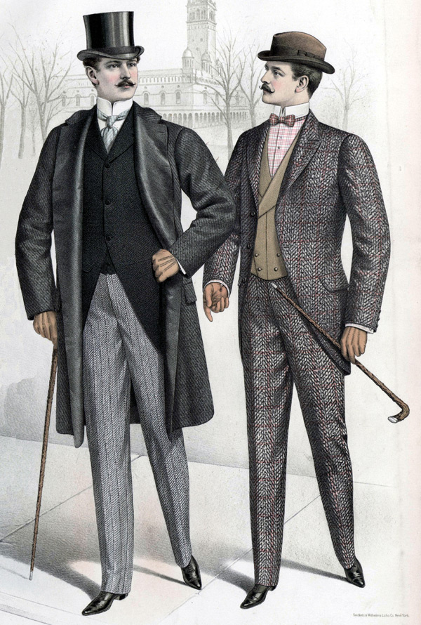 Menswear changed only slightly from the Victorian to the Edwardian eras. Calf-length coats, single-breasted tweed jackets, and three-piece suits worn open to reveal a waistcoat were popular styles throughout both periods.