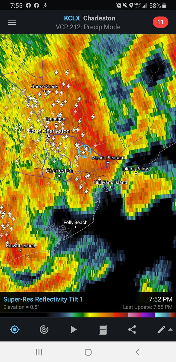 SheaGibsonWx's tweet photo. Good gosh...absolute deluge down Clements Ferry Rd and into Daniel Island. Street fooding all over the place. Had to navigate carefully around many of these areas, but also too hard to see beyween constant lightning and heavy downpouring! #frogstrangler @NWSCharlestonSC https://t.co/69GIbSOIen