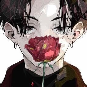 1boy male focus flower holding flower solo holding black hair  illustration images