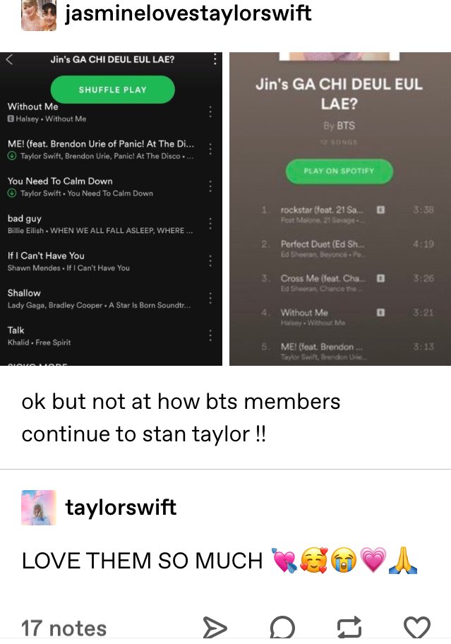 Back in July of 2019, Taylor had reacted to Jin adding 'ME!' & 'YNTCD' to his playlists by what is now, an iconic quote in bangswiftnation: "LOVE THEM SO MUCH "she means it 