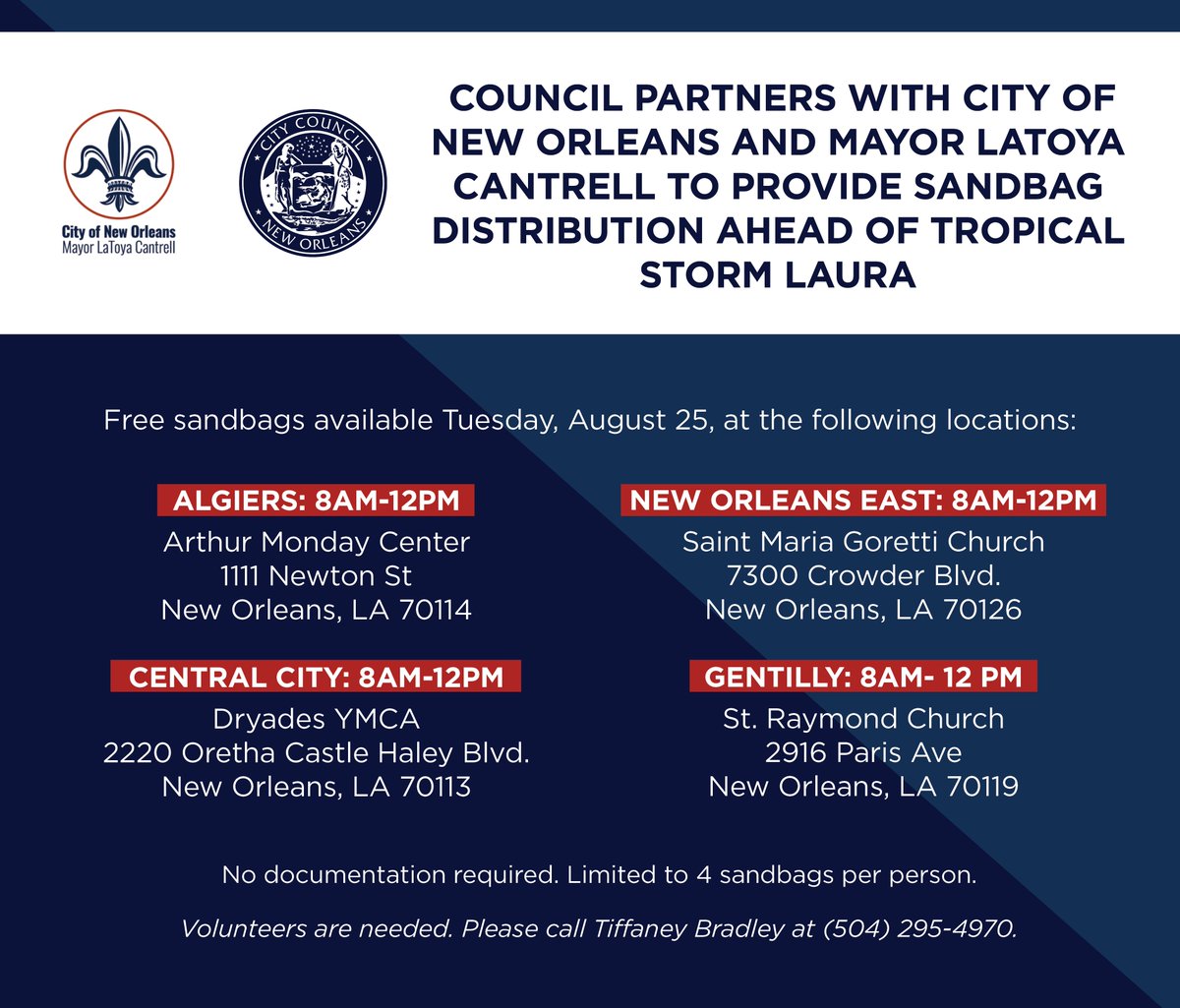 🚨 FREE SANDBAGS 🚨 

We're partnering with <a href="/mayorcantrell/">Mayor LaToya Cantrell</a> and <a href="/CityOfNOLA/">The City Of New Orleans</a> to provide free sandbags for residents in advance of Tropical Storm #Laura TOMORROW (8/25). See below for additional details and pick-up sites near you.