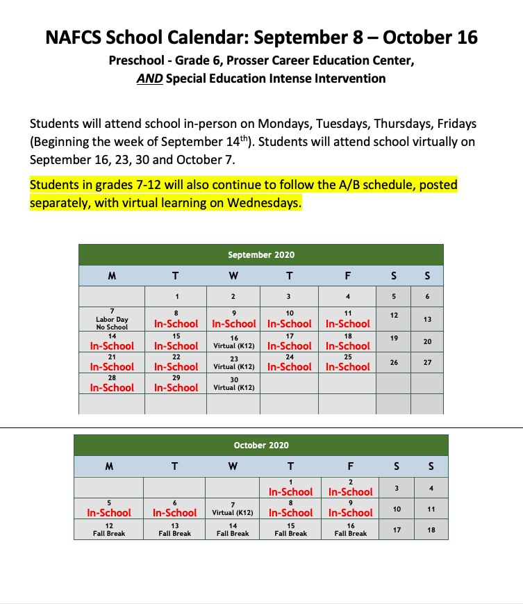 New Albany Floyd County Schools on X: "NEW CALENDAR: NAFCS is launching  district-wide virtual learning days on Wednesdays, starting Sept. 16. The  updated September - October calendar is below. (A/B SCHEDULE STUDENTS: