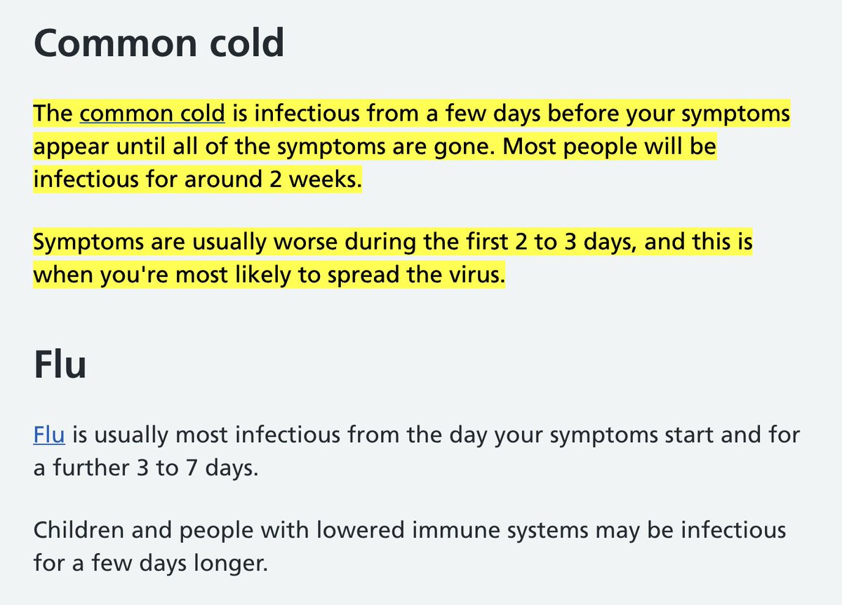 5/ What does this mean for herd immunity?Asymptomatic patients are likely to be less infectious than symptomatic patients.This is also true for the flu and common cold coronaviruses.According to the NHS, seasonal colds and the flu are most infectious after symptoms begin.