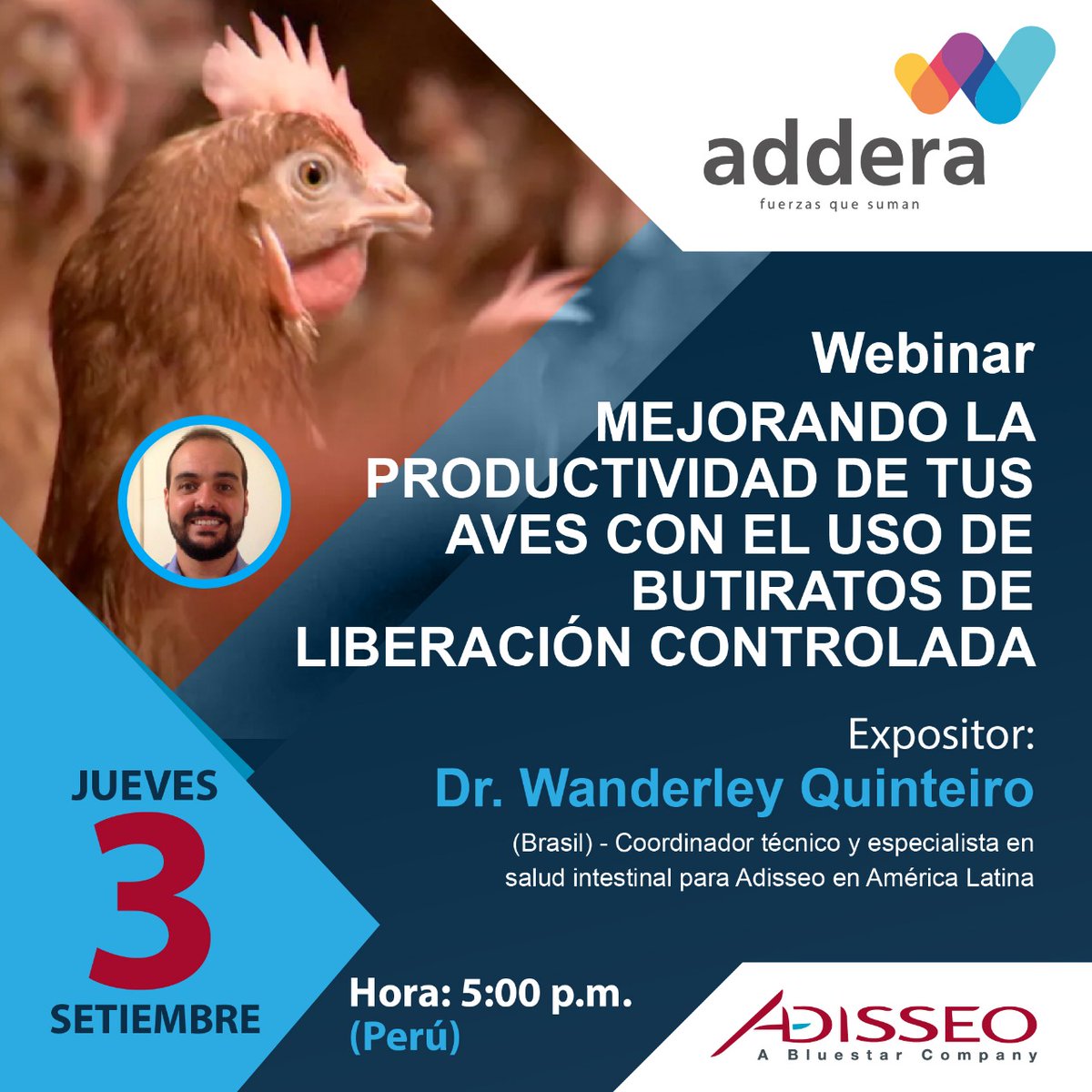Rev_Avipecuaria's tweet photo. 📌 Inscríbete al #webinar "Mejorando la productividad de tus #aves con el uso de #butiratos de liberación controlada" organizado por #Addera y #Adisseo - Dr. #WanderleyQuinteiro 🐔🐔
🗓 3 de setiembre - ⏰17:00 pm 🇵🇪
📝➡ https://t.co/W2HaEticcr https://t.co/V2EwmHJbAN