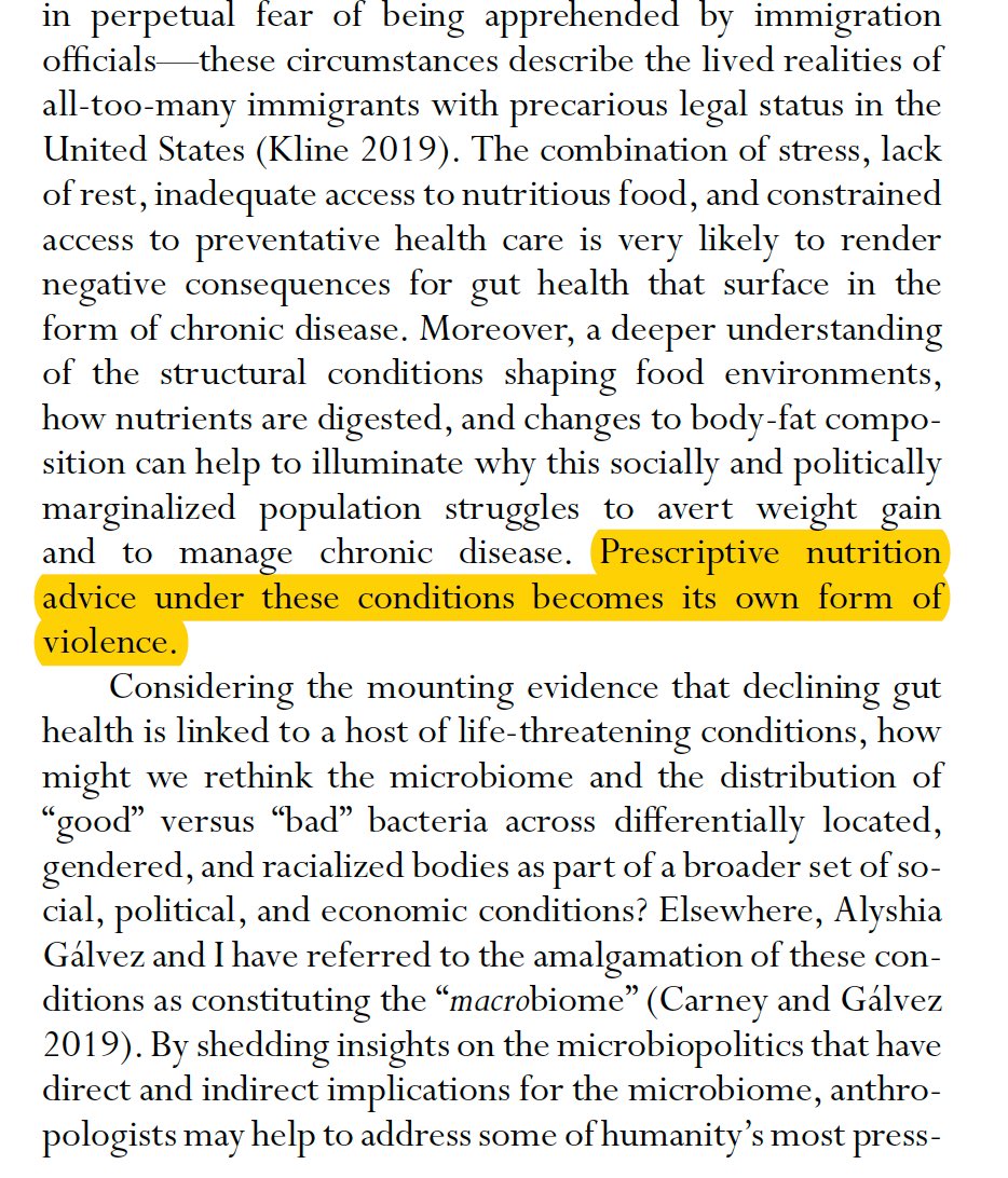 In “Critical Perspectives on the Microbiome”  @megan_a_carney argues that stress, lack of rest & constrained healthcare impacts the gut with a racialized effect on life-threatening illness. “Prescriptive nutrition advice under these conditions becomes its own form of violence.”