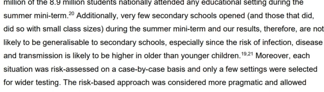 27/ Biggest limitation? Did you notice that nearly the whole report specifically talks about primary and pre school. "These findings cant be generalised to secondary, especially since the risk of infection, disease and transmission is likely to be higher in older than younger"