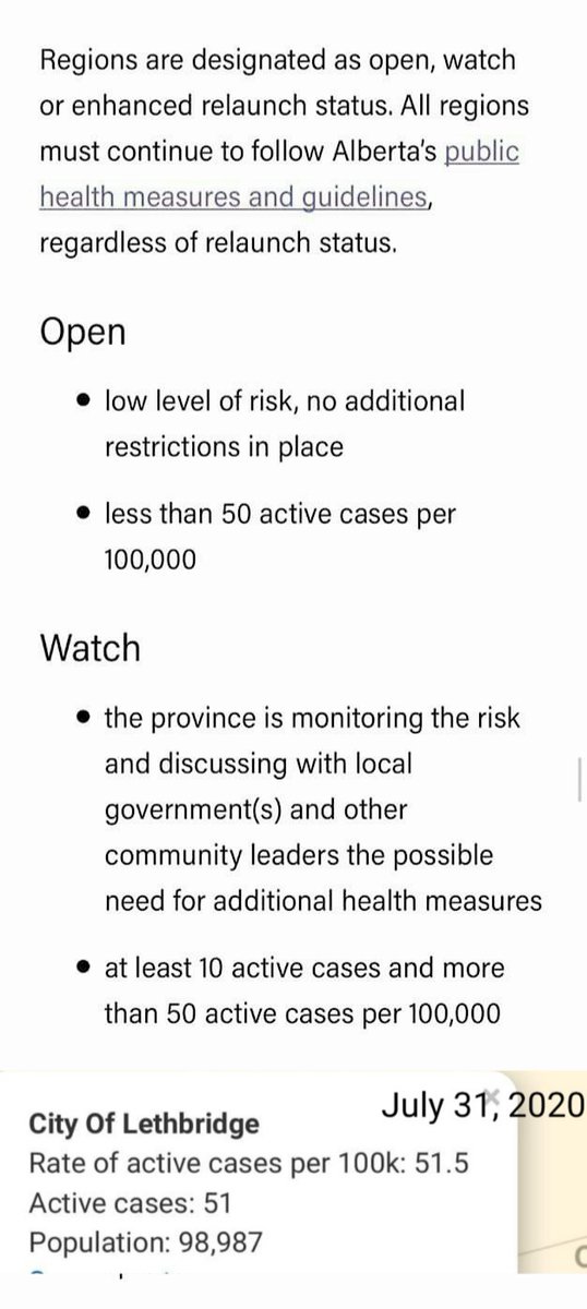 aManOnaJourney's tweet photo. @mdhrst @Princess__Fiona Not true. 
Less than 4 weeks ago, July 31/Aug. 1, Lethbridge had 51 active cases and was on Watch Status.

Criteria is 50 cases per 100,000 population.

#YQL #Lethbridge #WearAMask 
#RemainDiligent https://t.co/Ghw44RuFFn