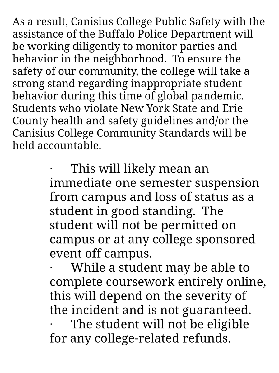 mikepesar's tweet photo. As Canisius gets ready to open on Monday, students received a warning that public safety will be working with the Buffalo Police Dept to monitor large house parties with a semester-long suspension in store for violaters https://t.co/4a004CH9IY