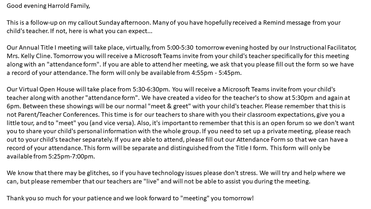 ea_harrold's tweet photo. All families: Title I meeting tomorrow at 5.
Hybrid families: Virtual Open House 5:30-6:30 (more info in script below)
Virtual Families: Link to Open House video will be shared with you tomorrow.
#HornetsRule #OneMillington #VirtualEverything #TitleI #CovidChangesThings https://t.co/M3pdhBXiAA
