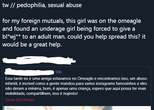 TW // pedophelia, child abuse & exploitation materialThis image has been making its rounds on twitter, the picture contains a poorly censored picture of a child being sexually abusedThe original tweet got over 50k likes and 23k rts(1/?)