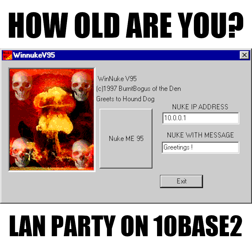 datamattsson's tweet photo. Happy anniversary @Microsoft #Windows95! I wouldn't know what a #firewall was at the time if it wasn't for you. #Winnuke #LANParty #10BASE2 https://t.co/XkZEYnVp0q