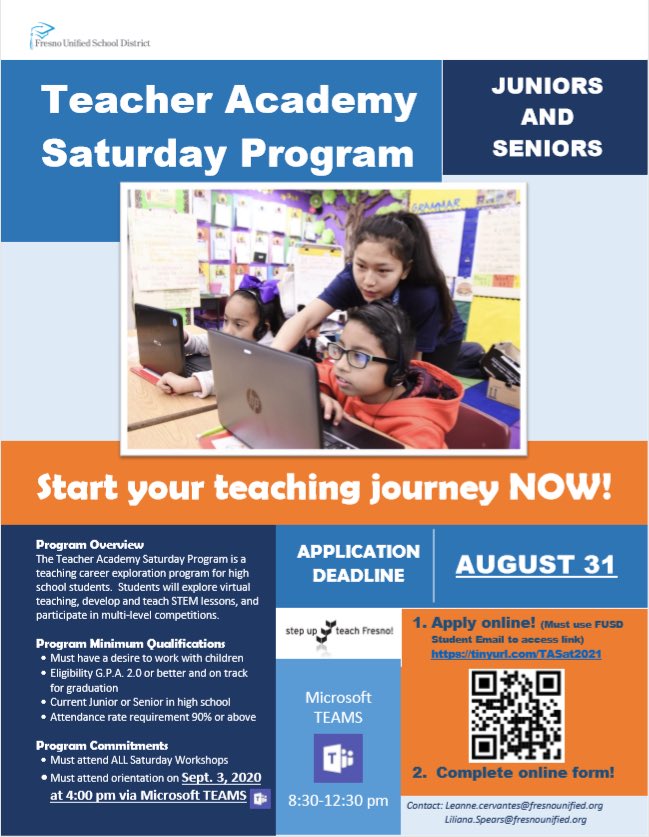Attention:  Fresno Unified’s Juniors and Seniors!  Become a role model.  Get ready for workplace success. Join the Teacher Academy.  tinyurl.com/TASat2021 <a href="/teresa_myoung/">Teresa Morales Young</a> <a href="/Tmtaylo02/">Traci Taylor</a> <a href="/nwitrado/">Nancy Witrado</a> <a href="/KristenBoroski/">Kristen Boroski</a> <a href="/FresnoTRP/">Fresno TRP</a>