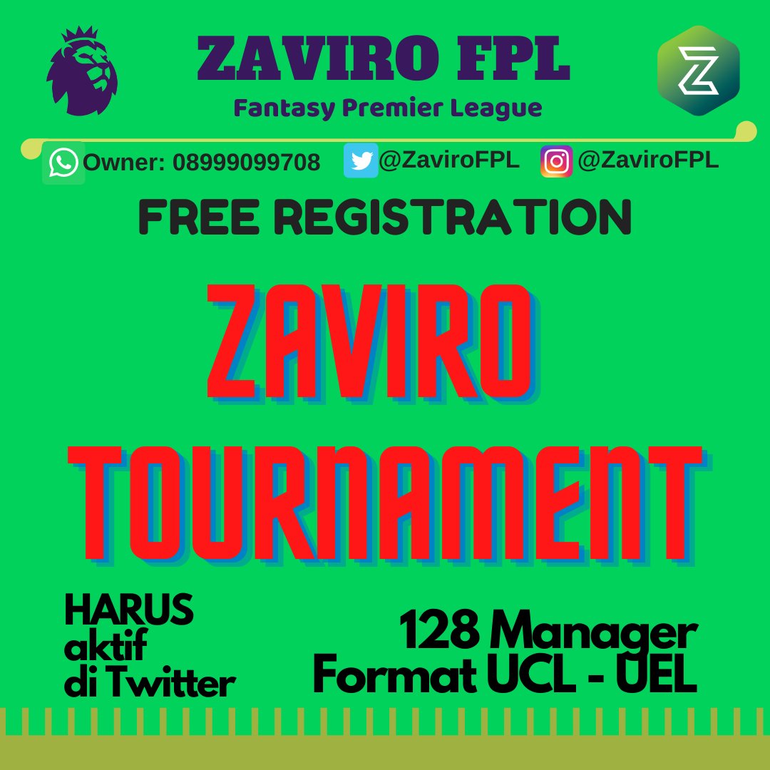 ZAVIRO TOURNAMENT (FORMAT UCL-UEL)

Silahkan daftar di link ini:
bit.ly/zavirotourname…

Di Link itu juga ada penjelasan lengkapnya. 
Pengisian Form paling lambat tggl 27/08/2020 pkl 16.00 WIB. 

128 manager diseleksi berdasarkan OR musim 19/20. 

Harus Retweet pengumuman ini.