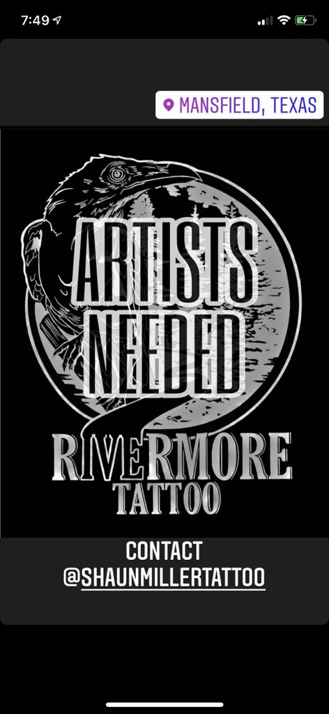 ashleyjordan's tweet photo. New #tattooshop #RivermoreTattoo in #MansfieldTx is hiring #tattooartists Please contact Shaun Miller for more info! 469-835-2283 https://t.co/fnKys4khMA