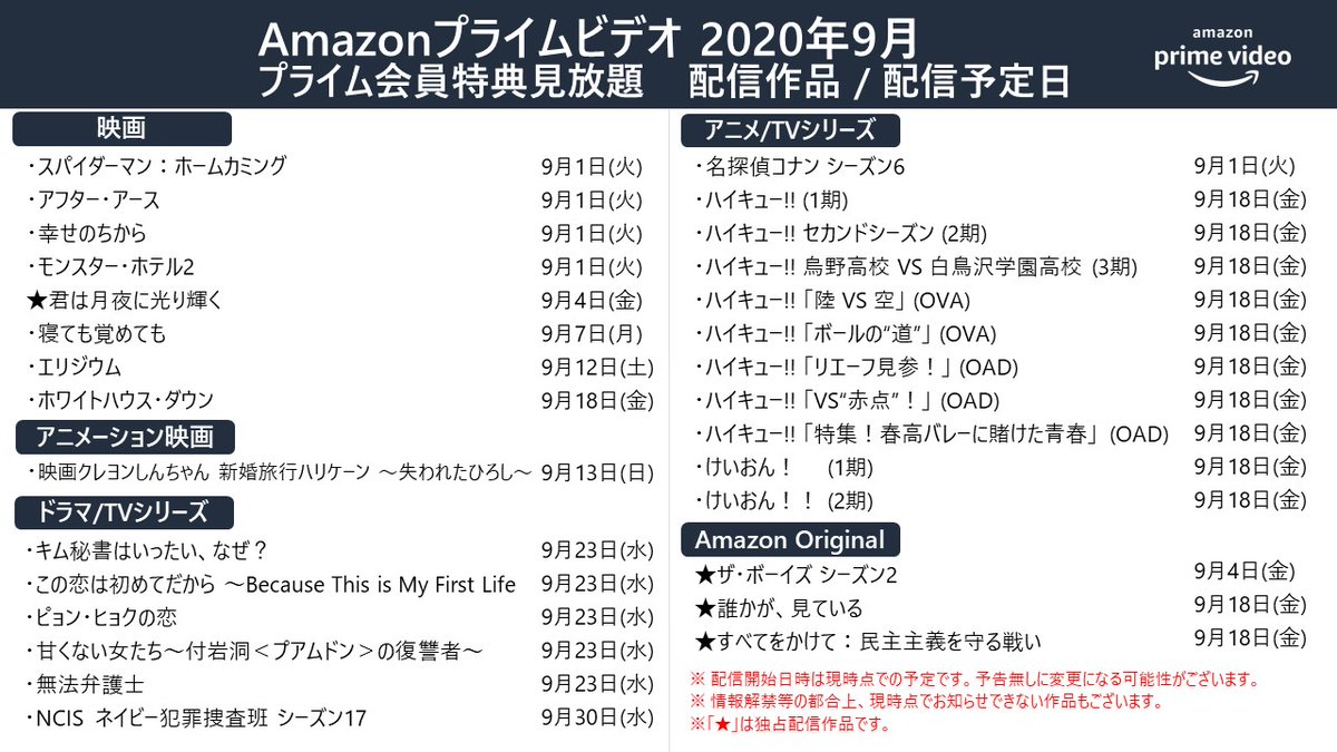 Amazon Prime Video プライムビデオ Amazonプライムビデオ 9月 配信作品 一覧 誰かが 見ている ザ ボーイズ シーズン2 君は月夜に光り輝く スパイダーマン ホームカミング 映画クレヨンしんちゃん 新婚旅行ハリケーン 失われたひろし