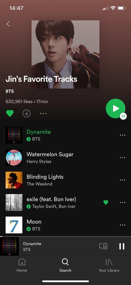 And now, for the most recent bangswift moment. Jin added 'exile' from Taylor's latest album in his playlist for his current favourite songs. Jimin added his all-time favourite song 'Never Grow Up'.Jin has definitely listened to folklore, & possibly the others have too 