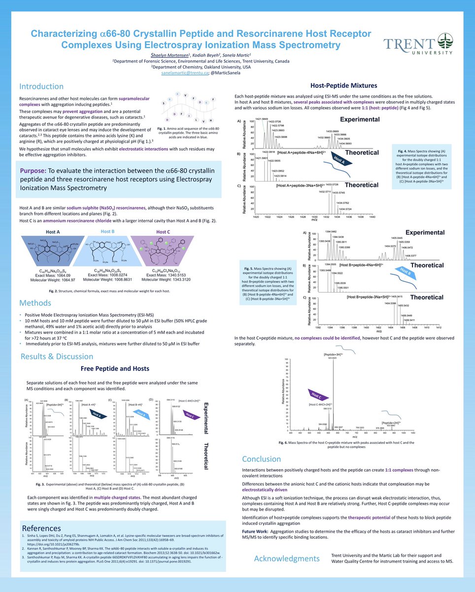 shaemort's tweet image. Excited to share my #ISMSCPoster showing my honours thesis research: Characterizing a66-80 crystallin peptide and resorcinarene host receptor complexes using ESI-MS 

@ismsc2020 #noncovalent15 @MarticSanela