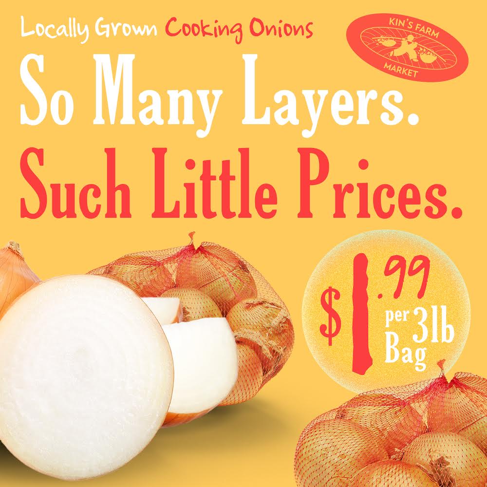 KinsFarmMarket's tweet photo. KIN’S WEEKLY SPECIAL❗️: At just $1.99 per 3lb bag, the tears you’ll experience from our #BCGrown #CookingOnions may actually be tears of joy 😂 But this #WeeklySpecial is only available until Thursday (Aug 27)! ⏳ #KinsFarmMarket #WeSellFreshness #Onions #Local https://t.co/GQVbeVs09l