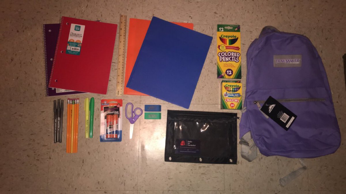 Here’s a look at what each student will receive in their brand new backpack! 
-1 backpack 
-2 folders 
-2 notebooks 
-1 ruler 
-1 pencil case 
-1 pack of colored pencils 
-1 pack of crayons
-1 pair of safety scissors
-2 glue sticks 
-2 highlighters
-3 pens
-5 pencils 
-2 erasers