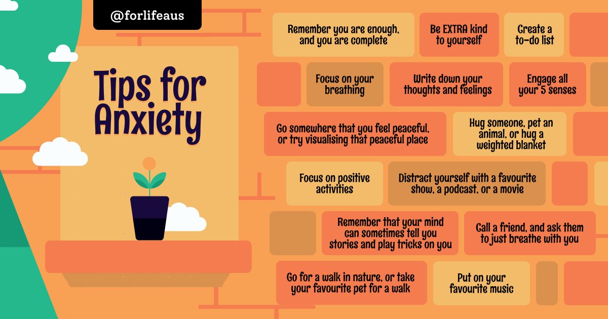 It's always good to have a few strategies up your sleeve when anxiety sets in.

If you have any tips to add to this list, we would love to hear them.

#TipsForAnxiety #Anxiety #MentalWellbeing #AnxietyStrategies