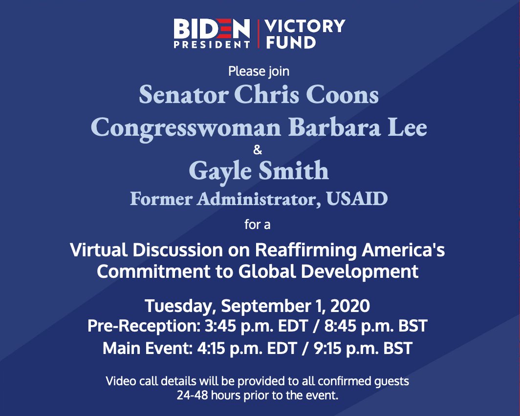 CharlesBHolmes's tweet photo. Concerned about President Trump's actions to undermine U.S. leadership in global health &amp; development? 

Join us to learn how a Biden-Harris administration will #BuildBackBetter w/insights from @ChrisCoons @RepBarbaraLee @GayleSmith 

#70daysleft 

https://t.co/tMuzFFKGiI https://t.co/iExWlcTvhF
