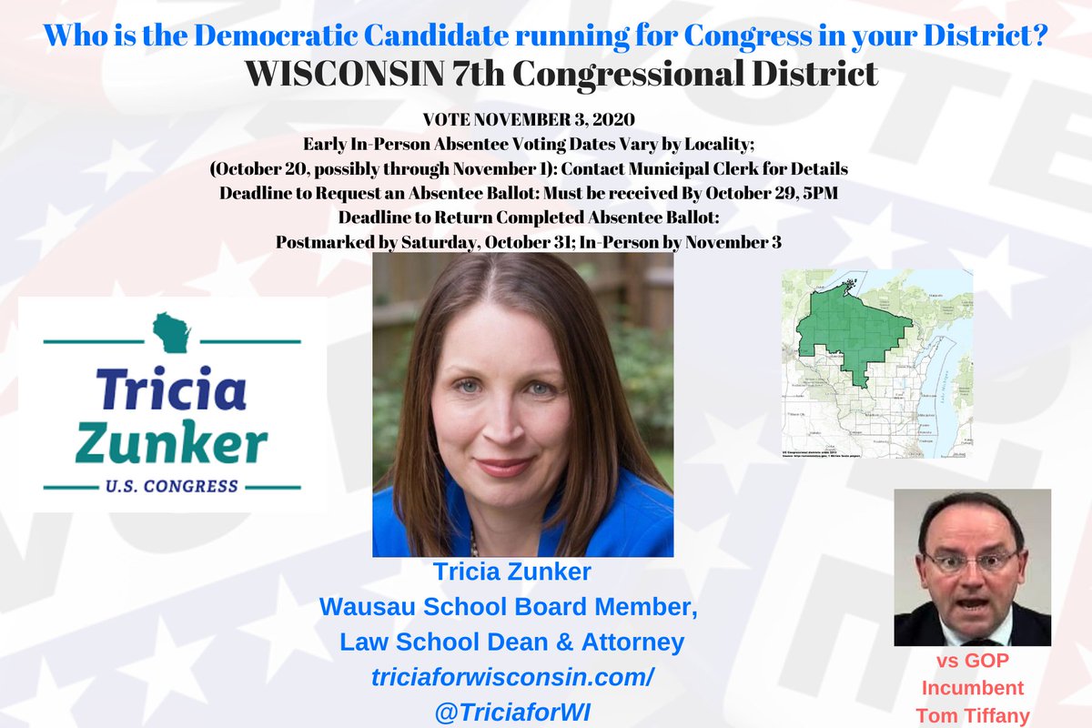 postcards4USA's tweet photo. Democratic Candidate for #WI7
WISCONSIN 7th Congressional District
TRICIA ZUNKER
https://t.co/H7qKQKaL9S
Donate here: https://t.co/dHypBXJdVh
@TriciaforWI
VS GOP Incumbent Tom Tiffany
#DemCastWI #Congress2020 #NoSafeSeats
THREAD https://t.co/OKNVaKXiUn