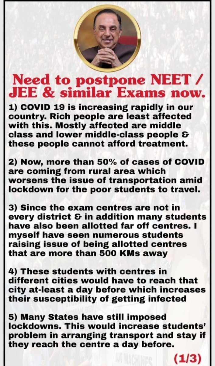 nikhilnavgire07's tweet photo. #MODIJI_POSTPONEJEENEET
why exams (JEE &amp; NEET) should be postponed. Reasons given by @Swamy39 .
@narendramodi @DrRPNishank https://t.co/mN66bPZCAK
