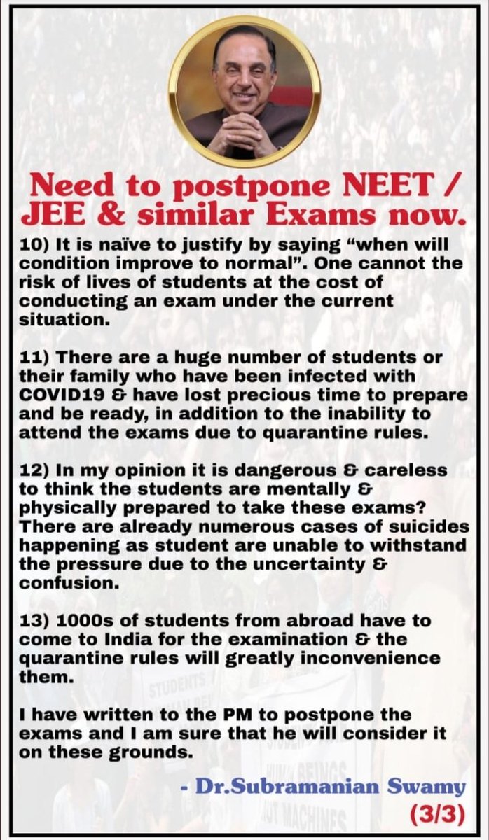 nikhilnavgire07's tweet photo. #MODIJI_POSTPONEJEENEET
why exams (JEE &amp; NEET) should be postponed. Reasons given by @Swamy39 .
@narendramodi @DrRPNishank https://t.co/mN66bPZCAK