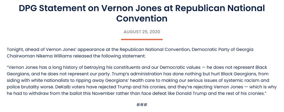 GeorgiaDemocrat's tweet photo. .@DPGChair Nikema Williams statement on Vernon Jones’ appearance at the Republican National Convention: 
#gapol https://t.co/MOBwQnUjyQ