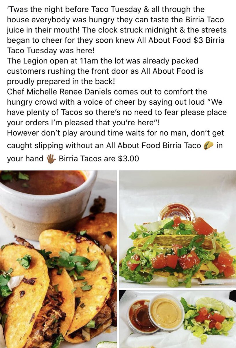 MichelleTheChef's tweet photo. #TacoTuesdayEve #TacoTuesday is tomorrow we’ll have #BirriaTacos #StreetTacos #Tostadas and our regular favorites! Join #AllAboutFoodAZ every #Tuesday for   Taco Tuesday and every day for great food....see you soon! https://t.co/oFwRuxL4S7
