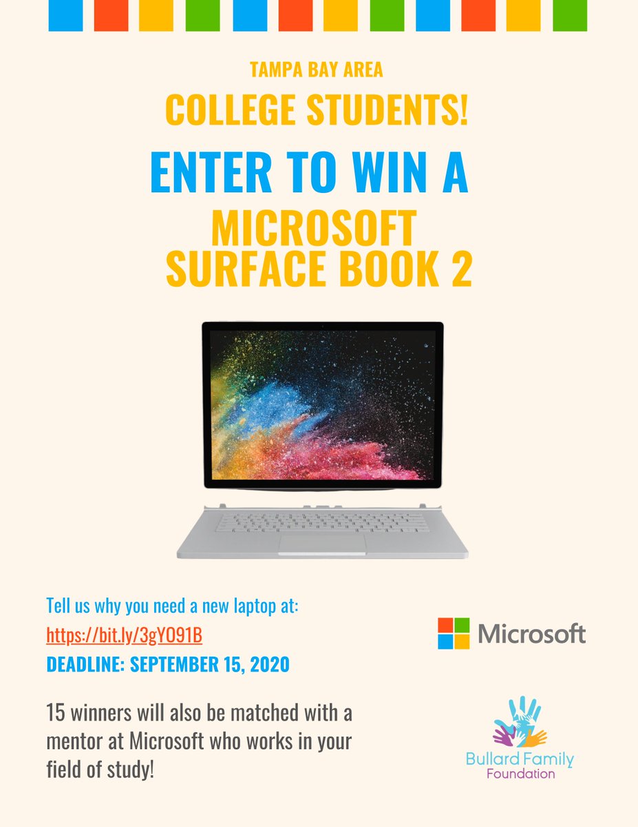 We are giving away 15 new Surface Book 2 laptops to Tampa Bay-area college students - plus each winner gets matched with a Mentor at Microsoft! Enter here: bit.ly/3gYO91B