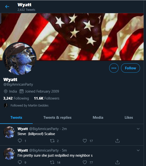 40. Wyatt's back on a greymarket account from 09 that has over 10K followers and has Martin Geddes following him.