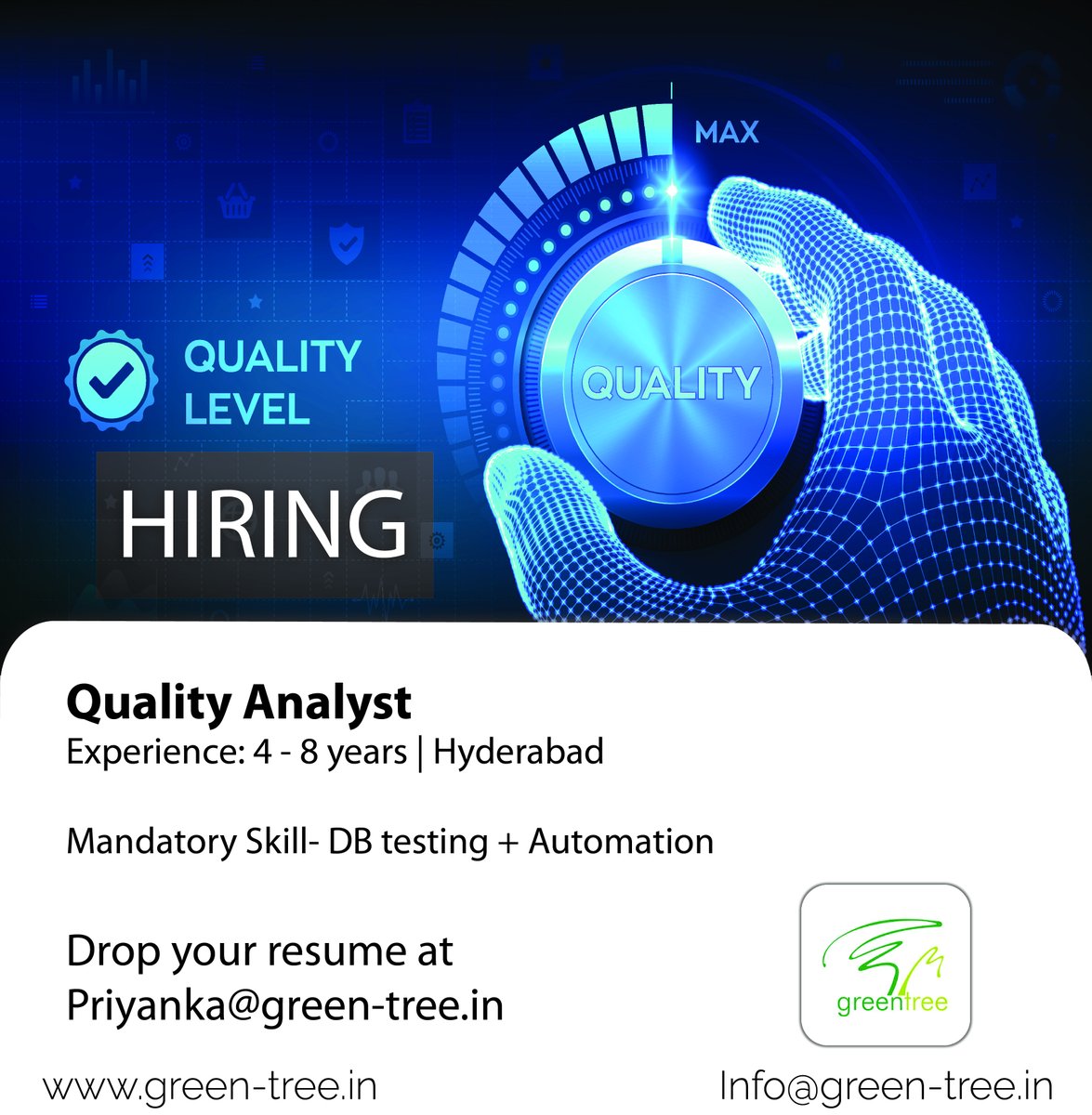 GreentreeLtd's tweet image. #hiring Quality Analyst
Drop your cv at Priyanka@green-tree.in
or Comment "Interested" below.
Follow @GreentreeLtd for daily
#databasetesting #databasedeveloper #testing #testingautomation #softwaredeveloper #datamanagement #hyderabadjobs