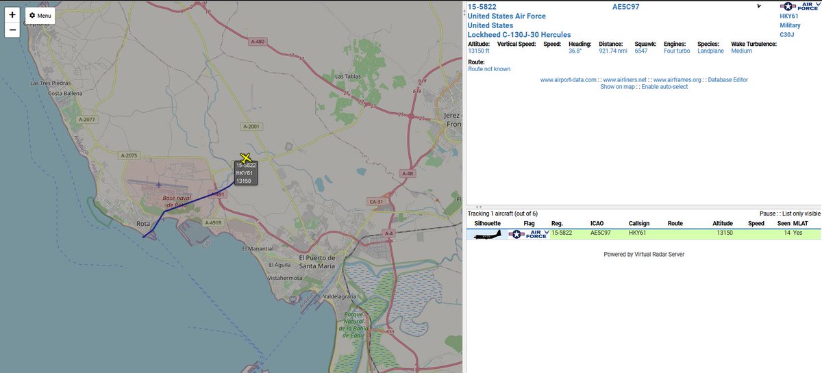 civ_pt's tweet image. United States Air Force 🇺🇸
 
15-5822, #HKY61, Lockheed C-130J-30 Hercules, FL130

Near #Rota Airbase #LERT #ROZ

#potn #planespotting #virtualradar #ADSB #avgeeks #avgeek  #military #USAF