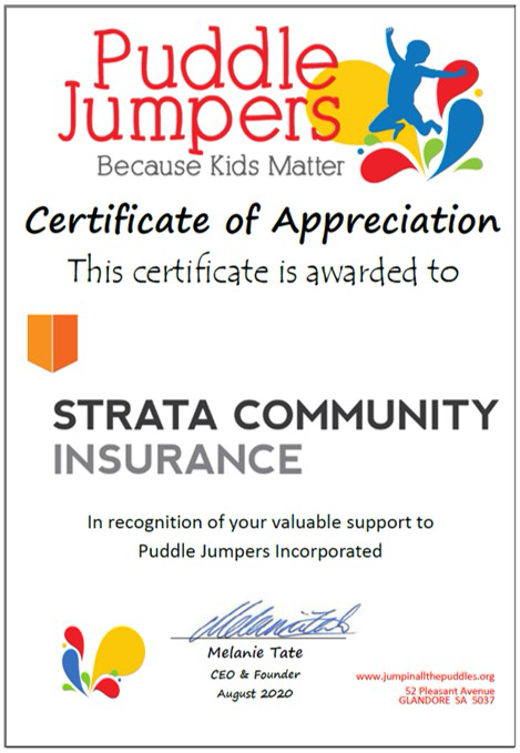 SCInsure's tweet image. A big thank you to Puddle Jumpers for this certificate of appreciation, a wonderful organisation doing fantastic work in the community. Strata Community Insurance is proud to partner with Puddle Jumpers. Please donate to this worthy cause at puddlejumpersfood.raisely.com