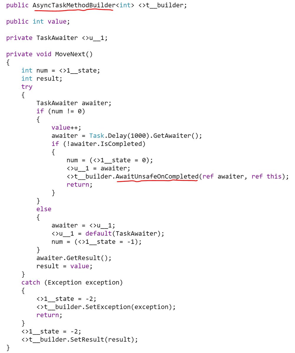 When the method goes async (that is, the awaiter isn't completed), there's a call into AwaitUnsafeOnCompleted, passing in the awaiter and the state machine (how often do you see ref this?!)