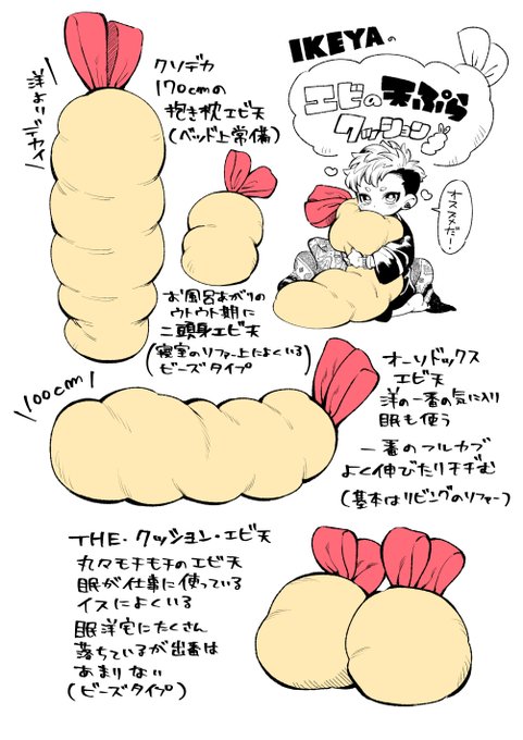 以前マシュでエビ天クッションについて触れてもらったのが嬉しかったので眠洋宅にあるエビ天軍団を紹介します。同棲前に眠が酔った勢いでゾンアマでオーソドックスを注文、届くもナンダコレでほっておいたものを洋が気に入りじゃあ全部注文しよう!と眠が今度は全種類注文しちゃって今に至ります。 