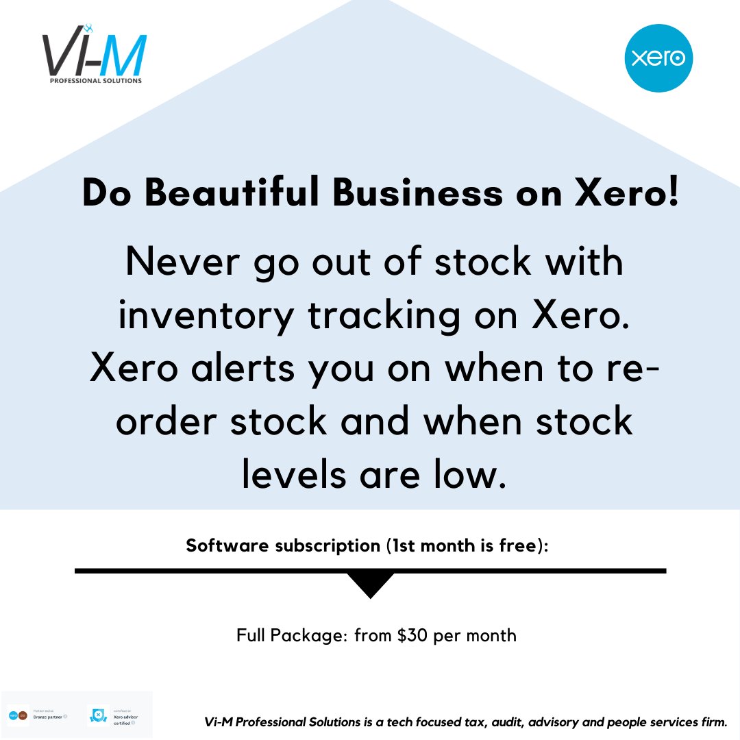 Let Xero help you track inventory accurately and avoid going out of stock.

For software implementation and training services, please send an email to clients@vi-m.com.
==
#Xero
#dobeautifulbusiness
#inventorytracking
@Vi_M__ 
@ViMTalentassist 
@NigerianTaxLady 
@mnmonwu