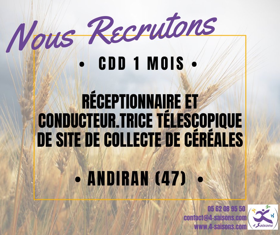 🌾 OFFRE D'#EMPLOI 🌾
Nous recherchons pour l'un.e de nos adhérent.e.s un.e #Réceptionnaire et conducteur.trice télescopique de site de #collecte de #céréales. Avez-vous le profil ? Plus d'infos sur l'offre et possibilité de postuler en ligne : bit.ly/31qoQQv