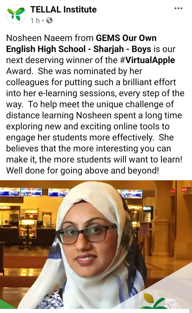 OOB_GEMS's tweet photo. Ms.Nosheen has bagged the #VirtualApple Teacher award by #TELLAL. Congratulations!!! https://t.co/uO3JVGZAiA