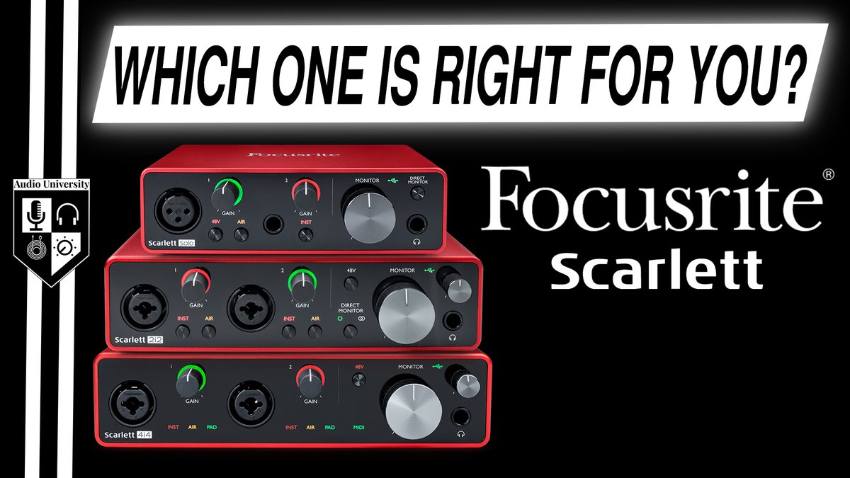 audiouniversity's tweet photo. FOCUSRITE SCARLETT: Solo VS 2i2 VS 4i4

I believe these Focusrite Scarlett audio interfaces are the best options under $300!

Which Focusrite Scarlett interface is right for you?
Watch video: https://t.co/cX0usCXQ6R

@FocusritePro 
@WeAreFocusrite 
#WeAreFocusrite https://t.co/tJO7Aak2j2