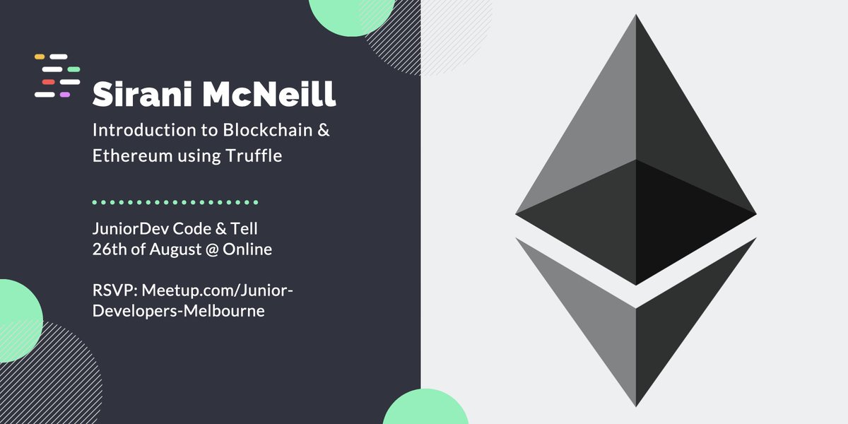 juniordev_io's tweet photo. Our next speaker for tomorrow night's virtual #CodeAndTell is Sirani McNeill!

Sirani will be giving us an introduction to Blockchain and Ethereum with Truffle! 💎🔗 @ethereum @trufflesuite 

RSVP here 👉 https://t.co/HNMwas87Y6 https://t.co/9p3UqqRwgy