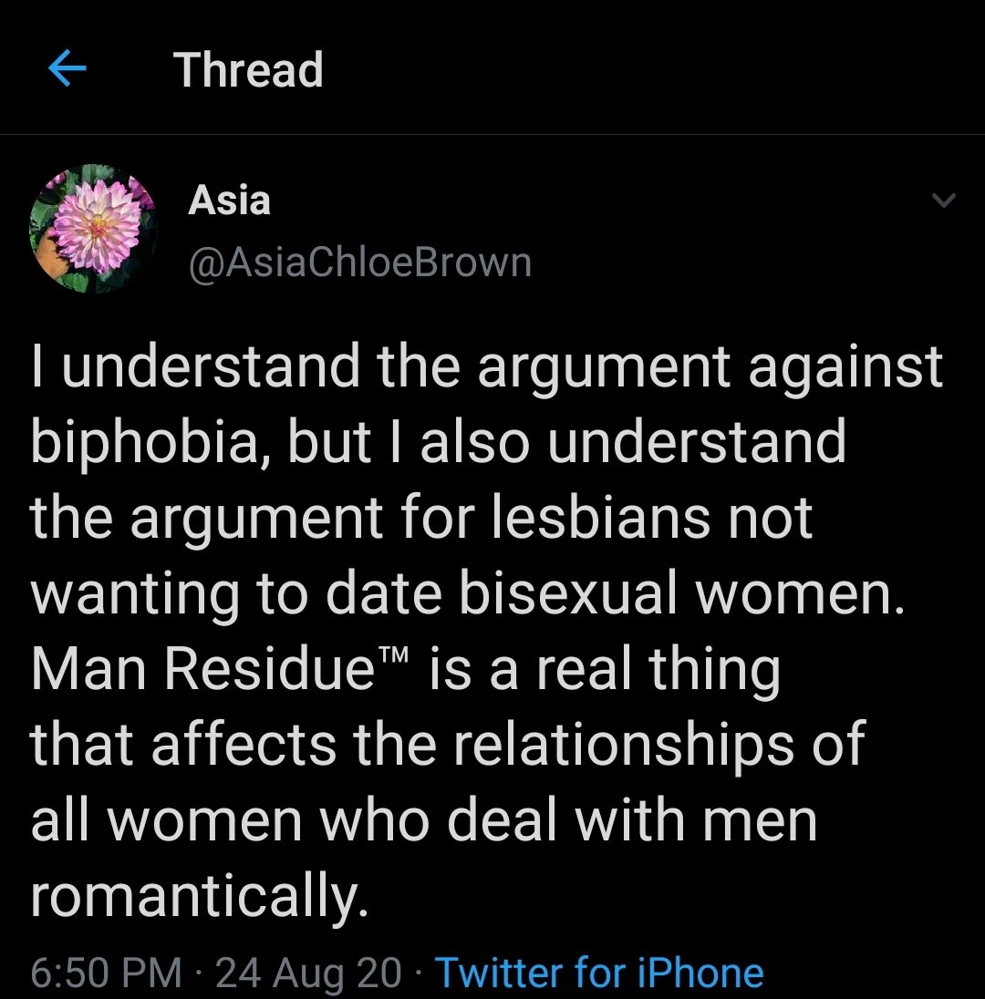 Again I say: What the fuck does something that is systemic have to do with y'all wanting to date bisexuals, and why the fuck are people who aren't bisexual even speaking on this? And also are the rest of y'all suddenly unaffected by misogyny and heterosexism?