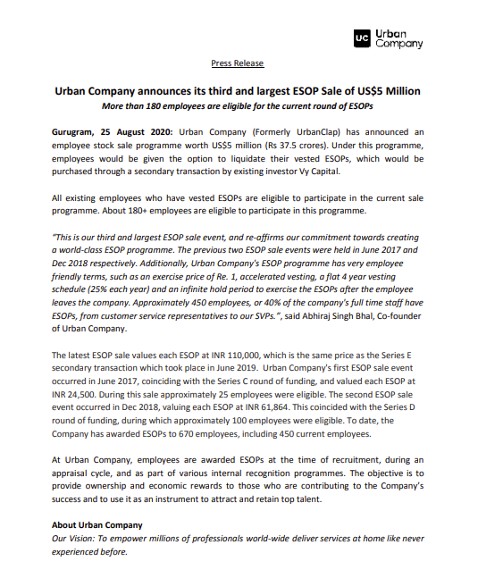 urbancompany_UC's tweet photo. [Announcement] Urban Company announces its third and largest ESOP Sale of US$5 Million. More than 180 employees are eligible for the current round of ESOPs.

@abhirajbhal @varunkhaitan @ra9z 

#urbancompany #startup #esops #startupecosystem #employeebenefits https://t.co/OVSgKBl7Yl