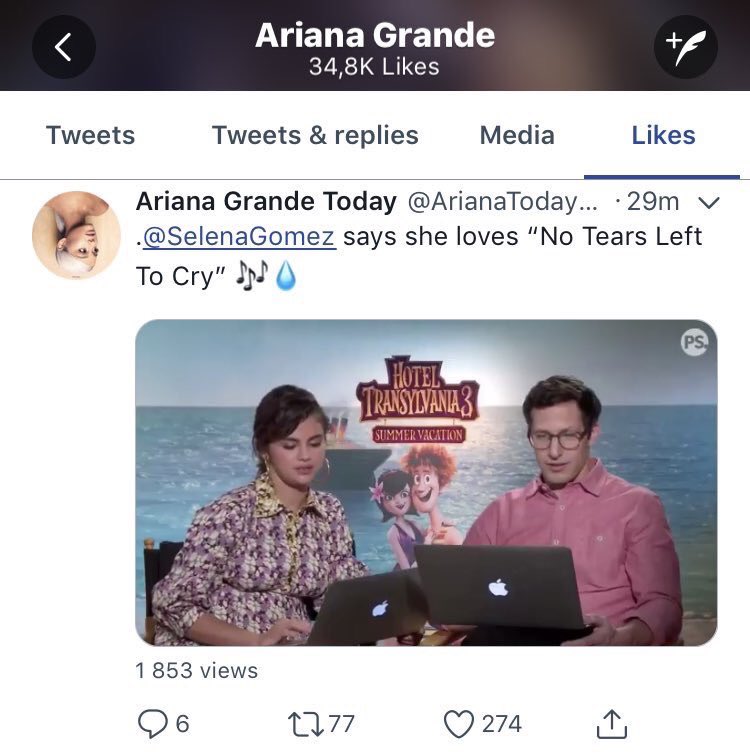 Ariana liking a tweet about Selena loving her song “No Tears Left To Cry”