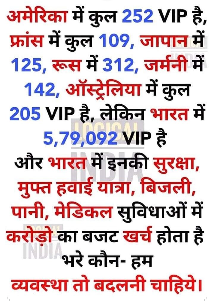 GS-50
<a href="/narendramodi/">Narendra Modi</a> <a href="/PMOIndia/">PMO India</a> 
श्रीमान जी इन्ही VIP के कारण आज भारत पीछे है जब से लाल बत्ती बंद करवाई धरातल पर कुछ फर्क जरूर पड़ा पर इनके जैसे कुछ और निर्णय लेना जरूरी है
हर संसद व विधायक को सुरक्षा देने और उन के एशोआराम के लिए लाखों खर्च करना देश की जनता के पैसे का दुरुपयोग है।