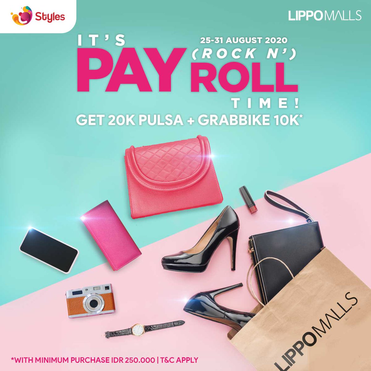 PAY(Rock N’)ROLL is BACK! 

Belanja akumulasi 250rb selama periode 25-31 Agustus 2020, dapetin BONUS EVoucher Pulsa all operator 20rb dan GrabBike 10rb!
Untuk informasi dan SnK lebih lengkap, cek What's On fitur Discover. Jangan sampai kelewatan ya! 😄