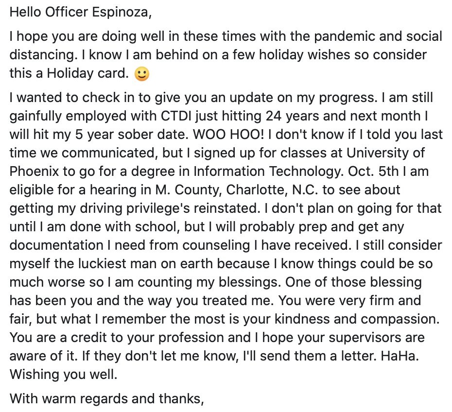 Nearly every single day we receive a letter from one of our from clients. We love hearing from them because it makes us smile. We are #restoringhope and #changinglives daily at CSCD. This client says he feels like the"luckiest man on Earth." Check out his note below to his CSO.